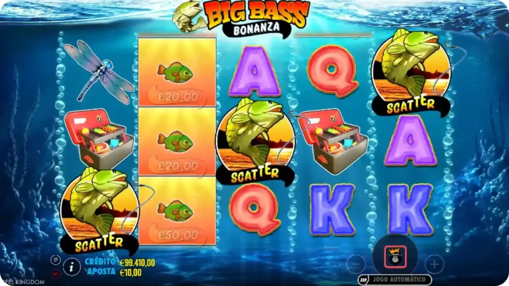Rodadas grátis da slot Big Bass Bonanza com três scatters dourados no ecrã e símbolos de peixe verdes