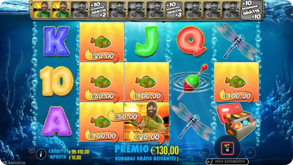 Símbolos Dinheiro Peixe da slot Big Bass Bonanza em vários tons de verde e laranja